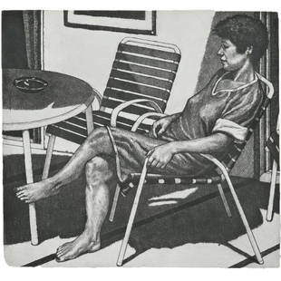 William Glen Crooks "Woman sitting at Patio Table": WILLIAM GLEN CROOKS (American, b. 1952), Woman Sitting at Patio Table, drypoint etching, image: 6 x 6.5 inches, framed: 16.25 x 15.25 inches, pencil signed lower right