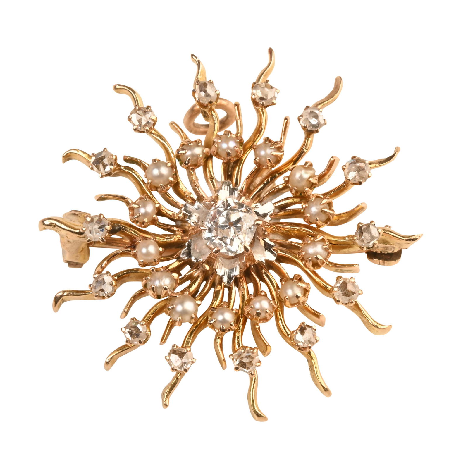 Victorian Diamond, Seed Pearl, 14k Yellow Gold Sunburst (1 of 3)