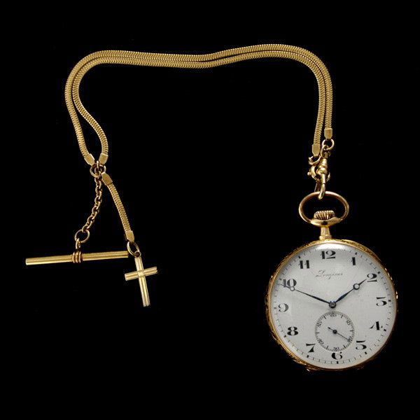 LONGINES 18K YELLOW GOLD OPEN-FACE POCKET WATCH.: LONGINES 18K YELLOW GOLD OPEN-FACE POCKET WATCH. Dial: White, round, black Arabic numeral hour markers, black outer minutes track, sunken subsidiary seconds dial at 6 o'clock, with black Arabic numera