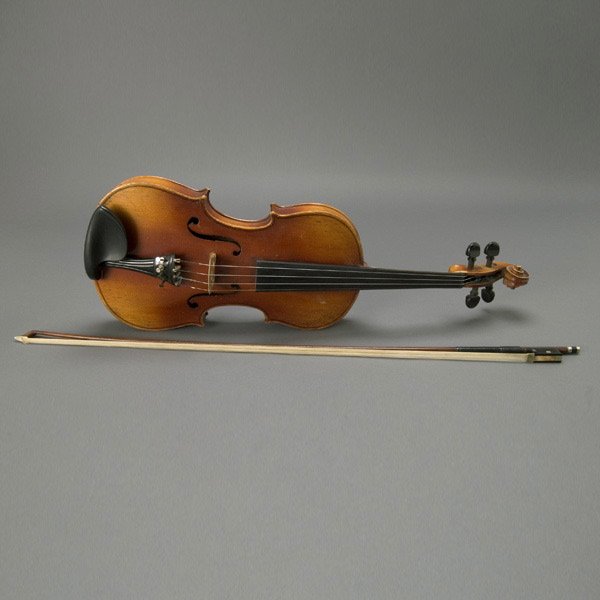 Violin with Bow and Case with Faux Label: Violin with Bow and Case, violin with label inside "Antonius Stradiuarius Cremonenlis Faciebat Anno 17 " {Length of violin 23 1/2 inches} [Worn]