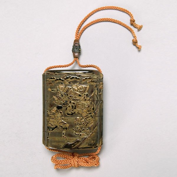 Japanese Four Case Inro, Meiji Period: Japanese Four Case Inro, Meiji Period. Decorated with a black and gilt lacquered scene from the battle of the inland sea; copper and mixed metal ojime with flower basket on an orange string. {Height 3