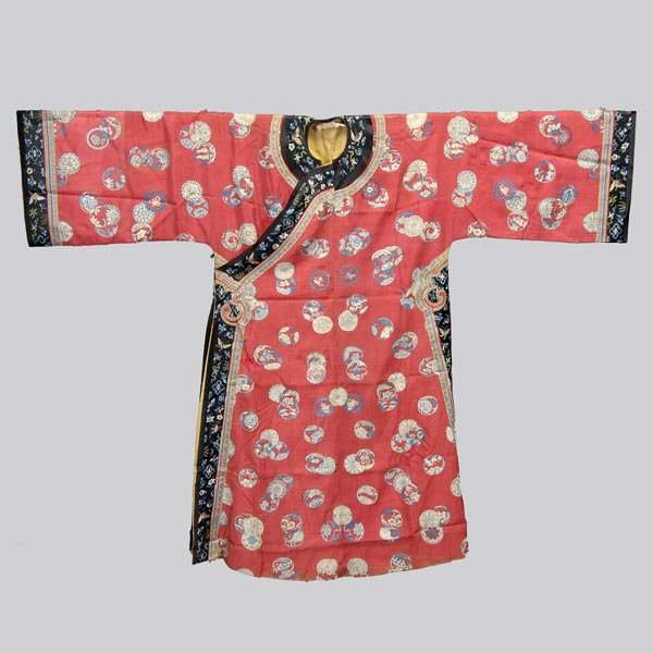 Chinese Embroidered Red Ladies Robe, Qing Dy: Chinese Embroidered Red Ladies Robe, Qing Dynasty. Decorated with medallions of flowers, fish, insects and Buddhist symbols, black floral borders to cuffs and hems. {Height 56 inches} [Wear, repairs, 