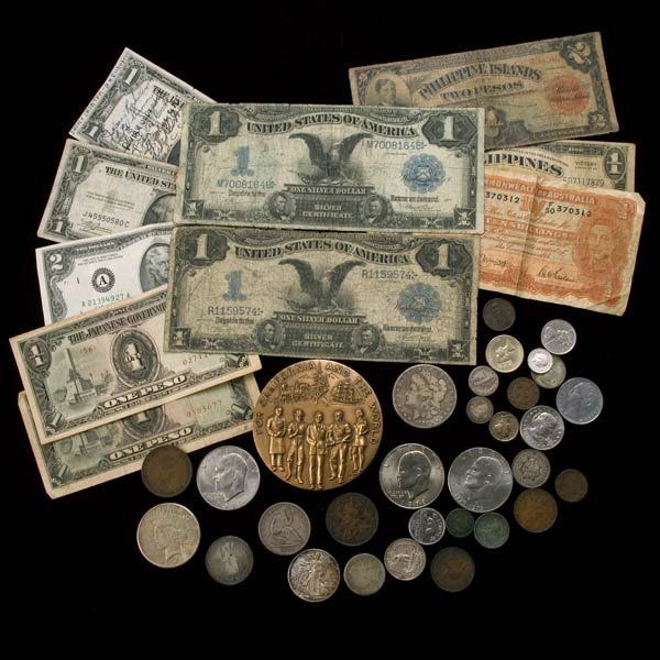 Foreign Coins, Paper Money, Commemorative Medal: Collection of Foreign Coins, Paper Money, and Commemorative Medal: including U.S. 1881 Morgan Dollar, 1925 Peace Dollar, two Liberty dollars 1881, 1925; and Two $1 Dollar Bills series 1899