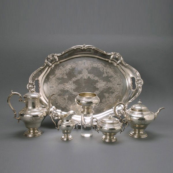 Towle Sterling 5 Pc Tea Service w/Plated Tray: Towle Sterling Five Piece Tea Service in the Japanese Taste with a Gorham Silver Plate Two Handled Tray, Patented Jan. 23, 1934, each ovoid form with repeating bands or spandrels of chrysanthemum flow