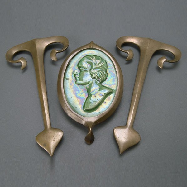 Thew Copper Door Knocker & Pair Door Ornaments: Thew Copper Door Knocker with Green Glazed Pottery Portrait Medallion; together with a Pair of Copper Door Ornaments {Height of knocker 8 1/4 inches; height of ornaments 10 15/16 inches}