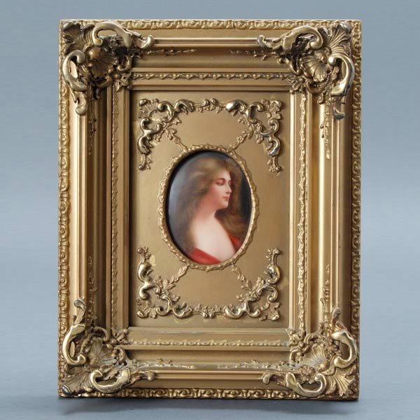 German Art Nouveau Oval Porcelain Plaque of Beauty: German Art Nouveau Oval Porcelain Plaque of Beauty, Signed Wagner, Circa 1900, the oval convex form panel depicting a light brunette beauty in profile facing sinister, her chest and shoulders bare sav