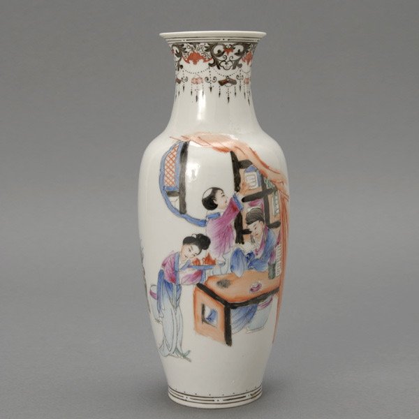 Chinese Famille Rose Porcelain Vase, Mid 20th C: Chinese Famille Rose Porcelain Vase, Mid 20th Century. Of baluster shape depicting three colorful figures among an interior, stylized lappet neck and rim band with bats, an oval seal verso, a four red