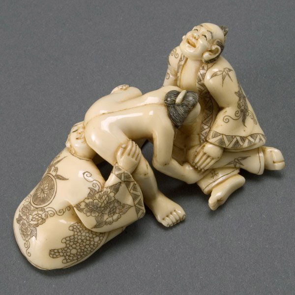 Japanese Erotic Ivory Figures, 19th C: Japanese Erotic Carving in Ivory of Three Figures, 19th Century. Two robed male figures surrounding a naked female figure, each in a different pose, finely incised details highlighted by black pigment