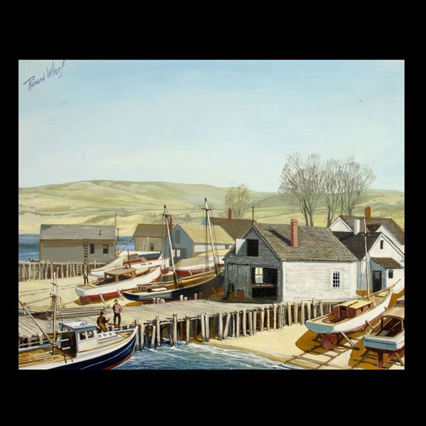 Richard Whorf, framed oil on canvas: Richard Whorf (American 20th Century) Boats docking at pier, Framed Oil on Canvas, signed upper left, 16 x 20 inches.