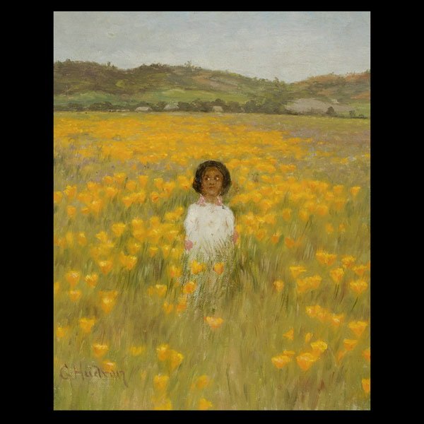 Attributed of Grace Carpenter Hudson, oil canvas: Attributed of Grace Carpenter Hudson. Californian, 1865 - 1937. Young Girl in a Poppy Field. Oil on canvas. 11 x 9 inches. Bears signature lower left: G Hudson.
