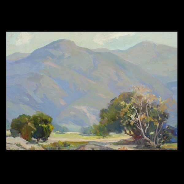 Hanson Duvall Puthuff, oil canvas: Hanson Duvall Puthuff. Californian, 1875 - 1972. Californian Foothills in Spring. Oil on canvas laid on board., 14 x 20 inches. Signed lower left: H Puthuff. (Canvas is laid on board, tack margins tri