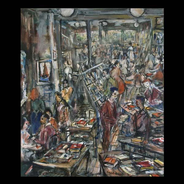 Pascal Cucaro, oil canvas, bookstore scene: Pascal Cucaro (American, b. 1915), Framed oil on canvas, Bookstore scene, signed lower right, 32 x 46 inches.