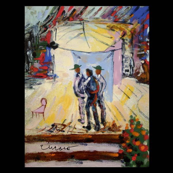 Pascal Cucaro. oil masonite: Pascal Cucaro. Oil on masonite, Three Figures on stage, signed lower left, 10 x 8 inches.