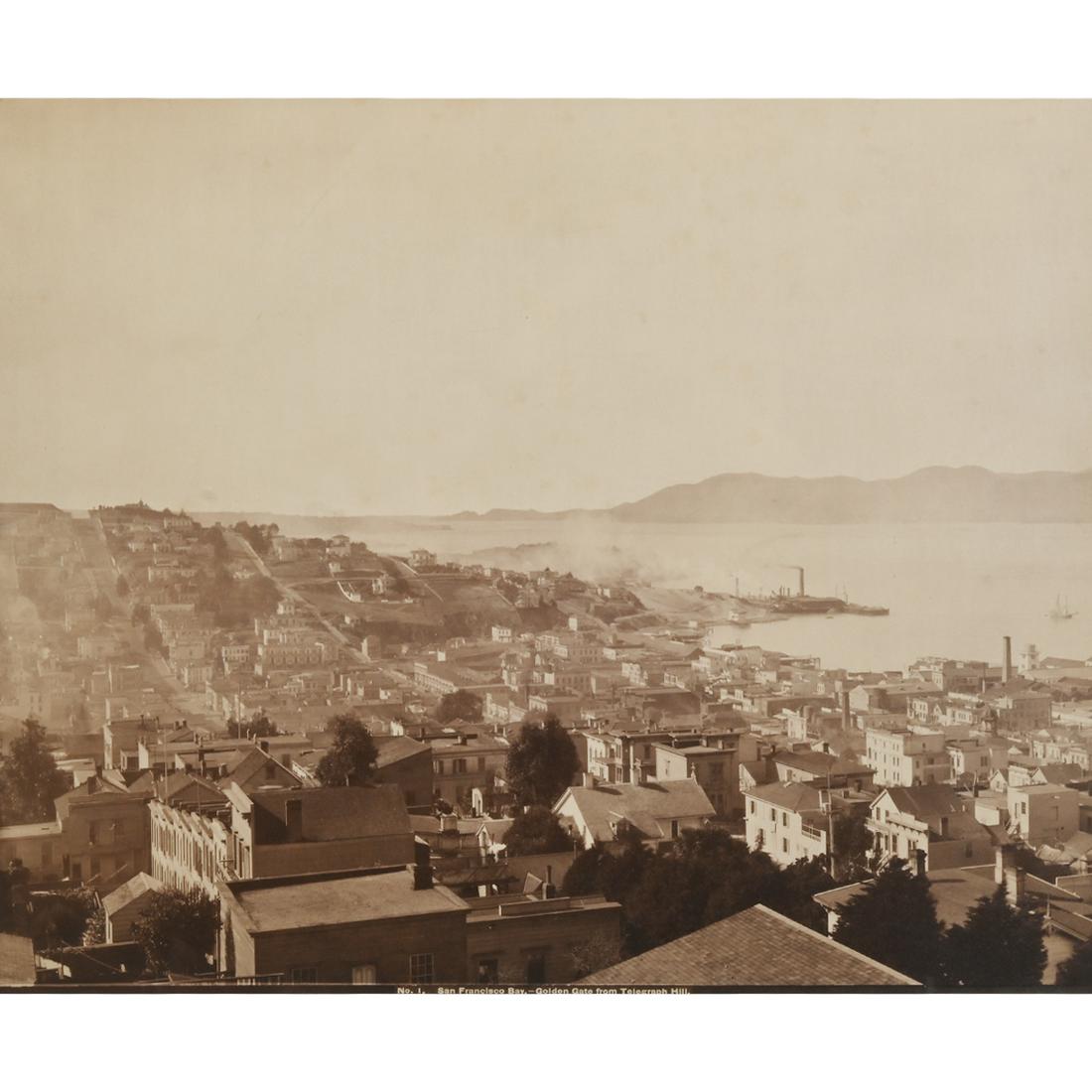 Attrib. to Carlton E. Watkins "San Francisco Bay": Attributed to CARLETON E. WATKINS (American 1829-1916) "San Francisco Bay- The Golden Gate" albumen print circa 1880. Image size: 16.25 x 19.5 inches, overall: 27 x 30 inches. Taber Credit below image