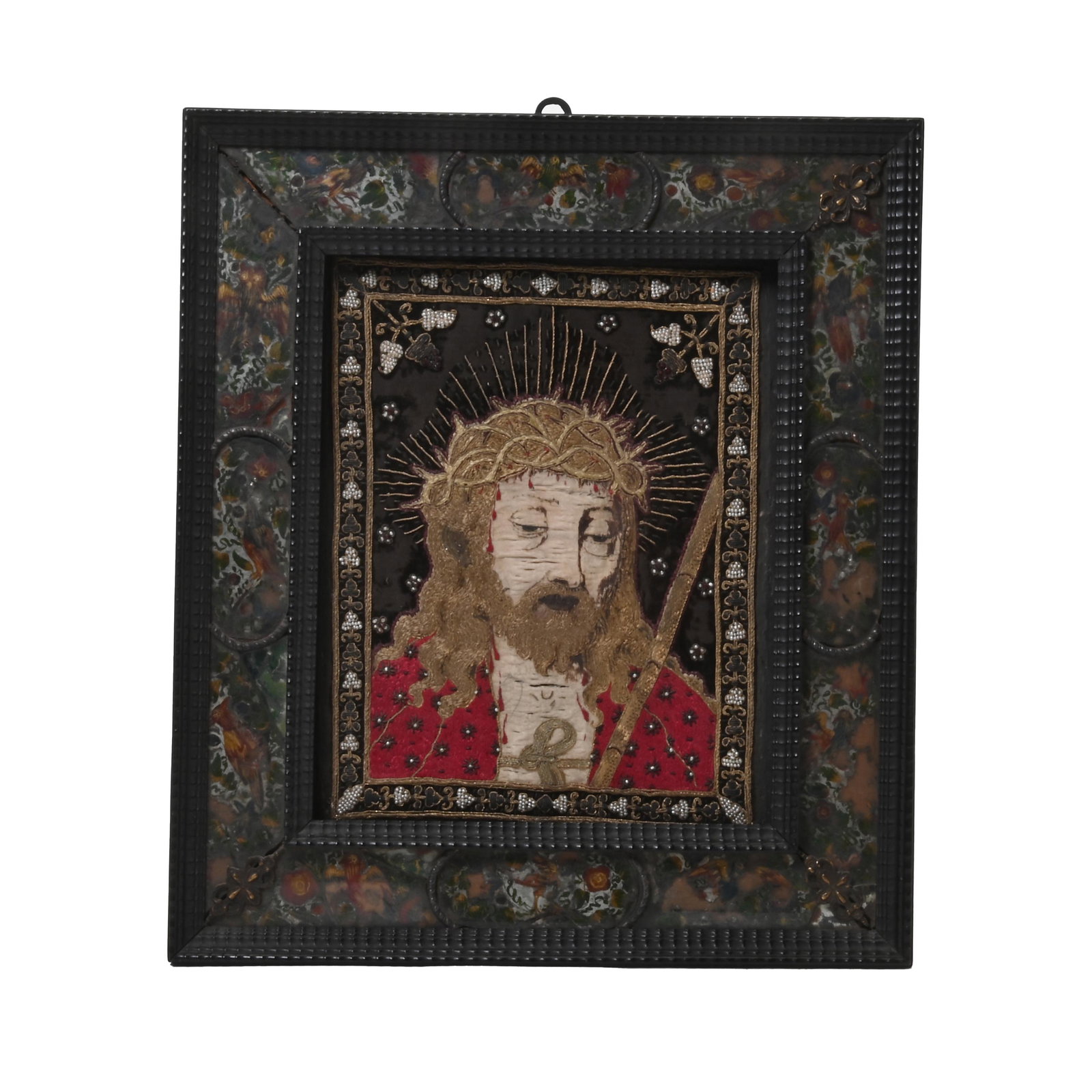 Unusual Armenian Attributed Embroidered Icon in: Unusual Armenian Attributed Embroidered Icon in Mirrored and Enamelled Frame. The figure of Christ rendered with quilted silk, his beard, hair and crown of thorns of gold threads. Drops of blood rende