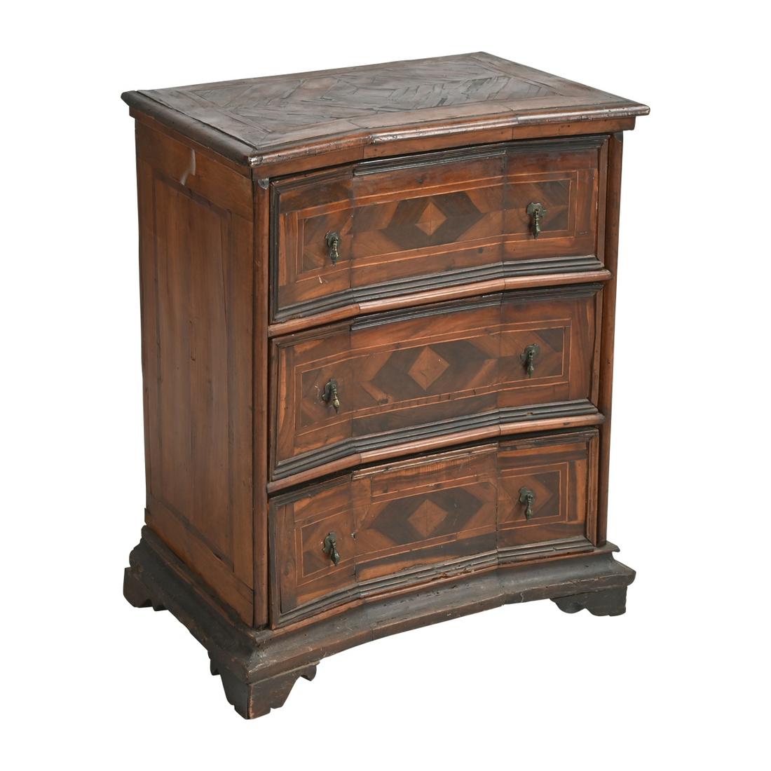 Italian 18th Century Marquetry Credenza.: Italian 18th Century Marquetry Credenza. Marquetry top; three drawers all with marquetry diamonds to the front; on bracket feet. {Approximate dimensions: 32 1/4 high x 25 1/2 wide x 17 inches deep.}. 
