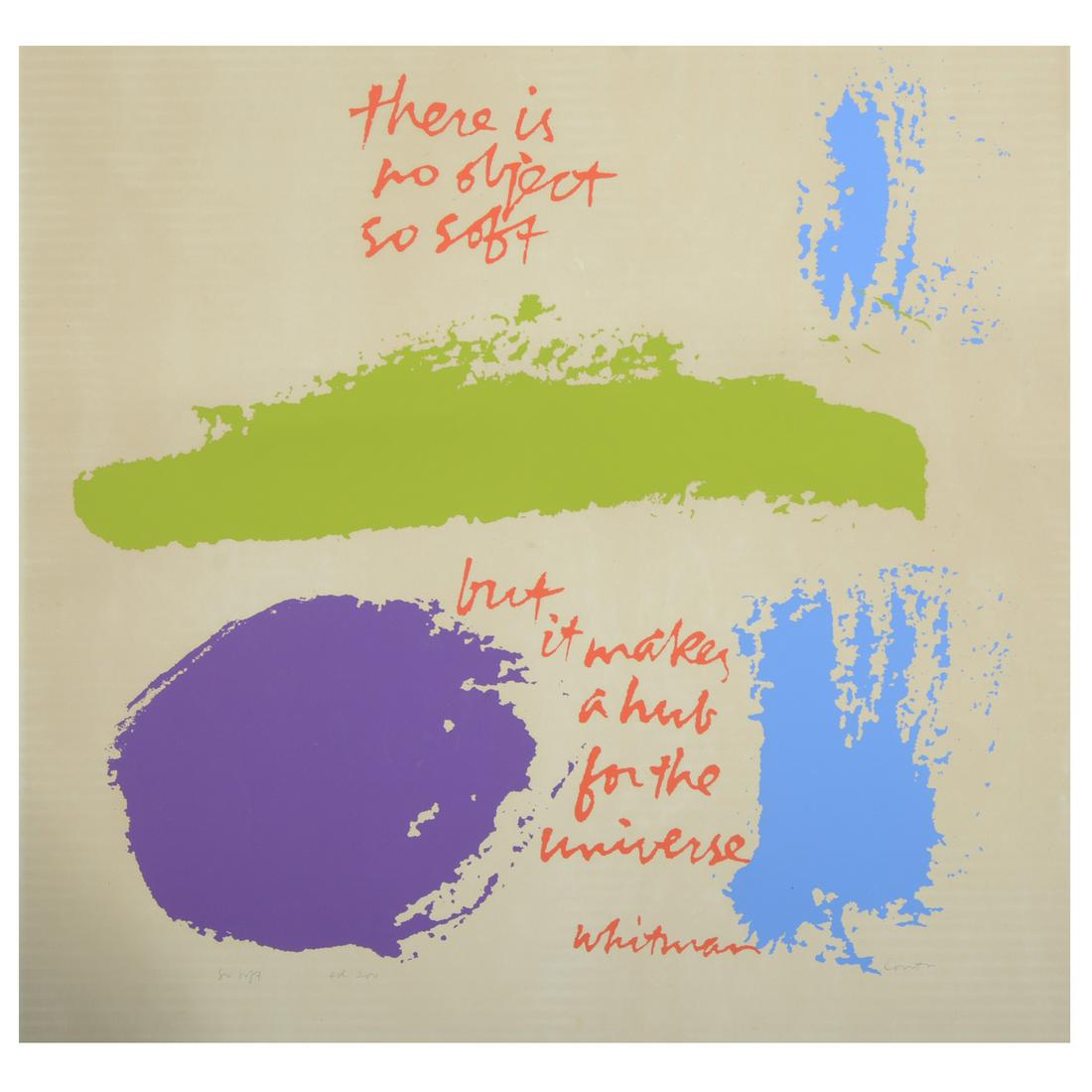 Sister Mary Corita Kent "So Soft" screenprint: SISTER MARY CORITA KENT (American 1918-1986), "So Soft," screenprint on paper, signed lower right, edition of 200 sheet: 23 x 23 inches. Condition: In overall good condition, sheet has discoloration f
