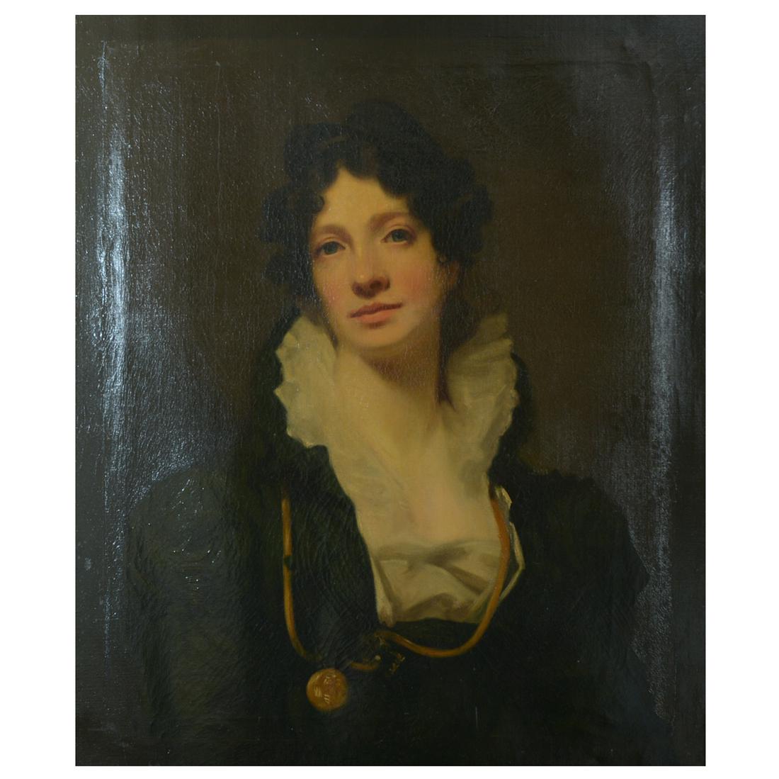 School of Henry Raeburn "Portrait of a Woman" oil on: School of HENRY RAEBURN (British, 1756-1823), "Portrait of Mrs. James Smith of Jordanhill," oil on canvas, 30.2 x 25.2 inches; overall with frame: 37.25 x 32.25 inches.