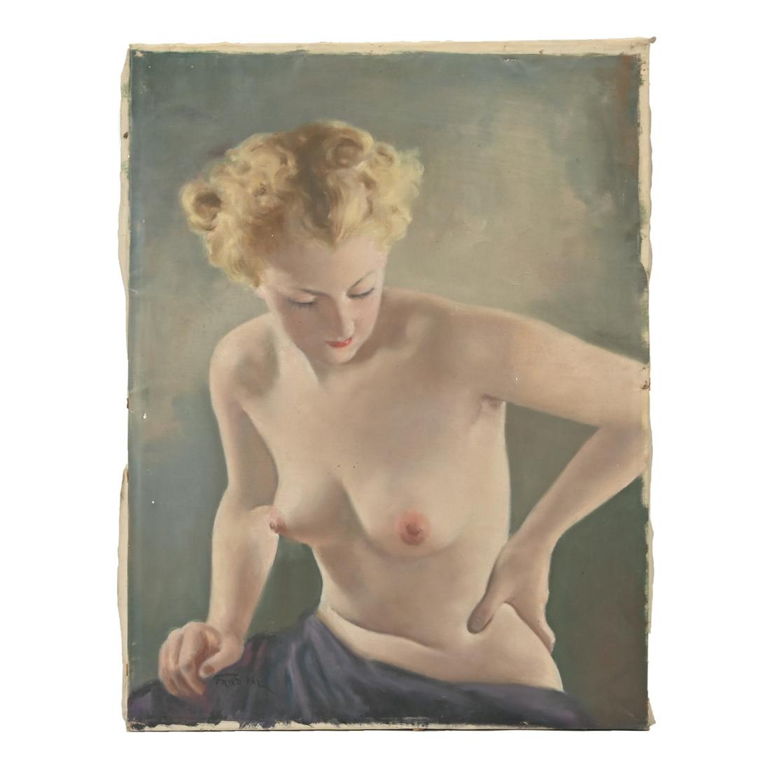 Pal Fried "Blond Nude" oil on canvas: PAL FRIED (Hungarian / American 1893-1976) 'Blond Nude', oil on canvas, 32 x 23.75 inches, signed lower left: 'Fried Pal'. Condition:The canvas is in overall fair condition, the canvas needs to be re-