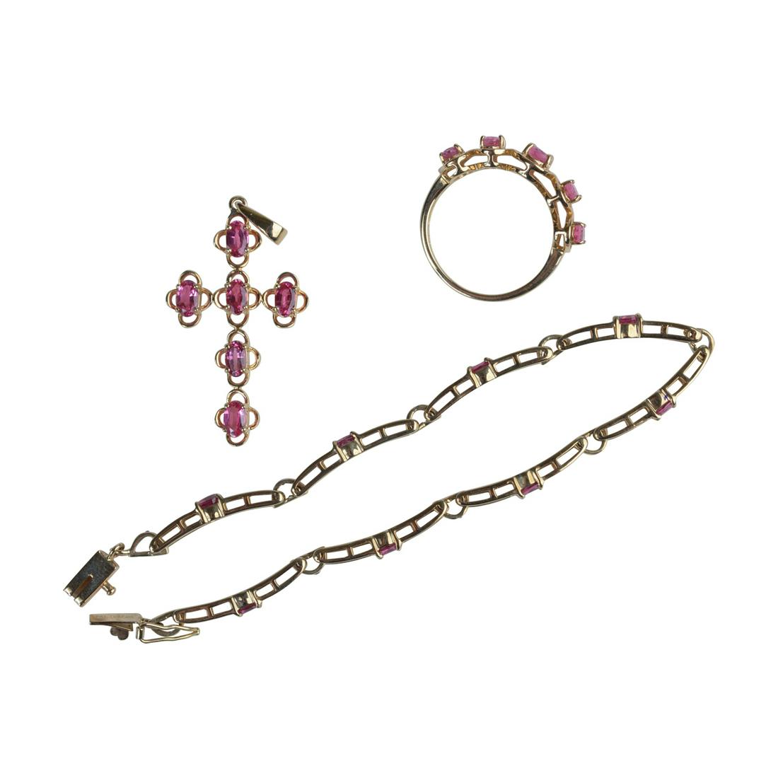 Spinel, Topaz, 14k Yellow Gold Jewelry Suite.: Spinel, Topaz, 14k Yellow Gold Jewelry Suite. Featuring one oval-cut pink spinel, 14k yellow gold cross pendant measuring approximately 41 x 20 mm; on oval-cut pink spinel, colorless topaz, 14k yellow