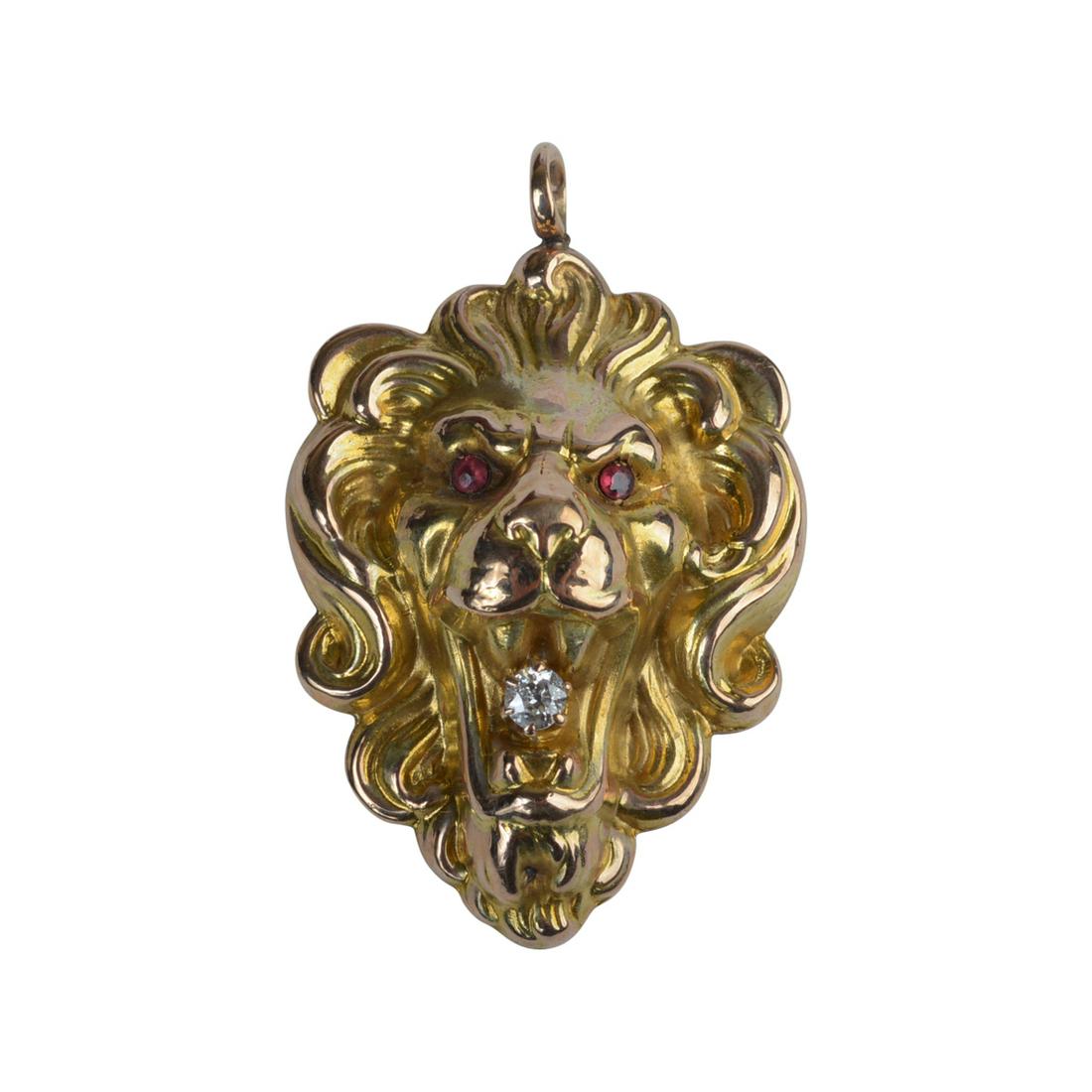 Art Nouveau Diamond, Ruby, 10k Yellow Gold Lion's Head (1 of 2)
