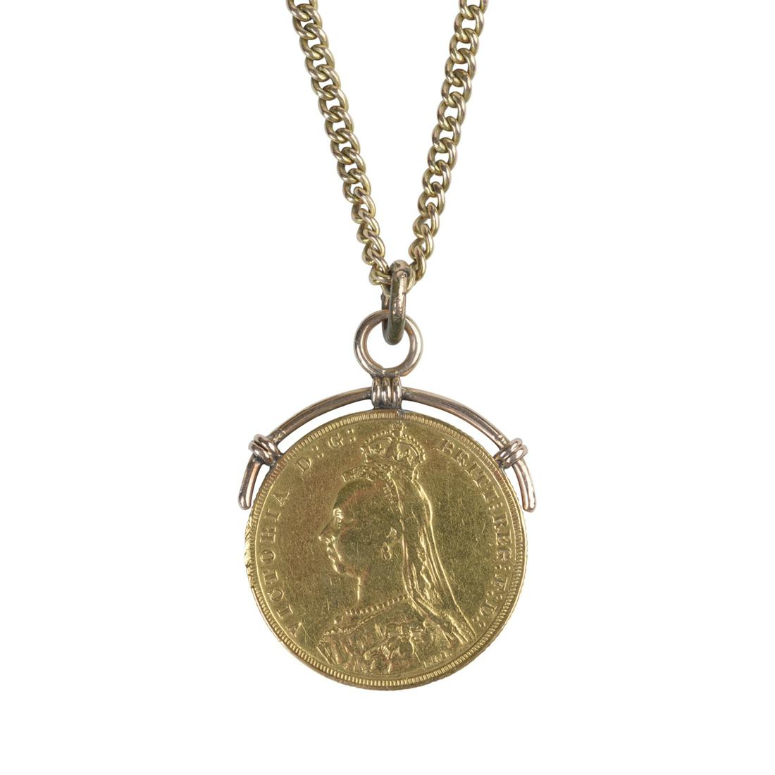 Sovereign Queen Victoria Gold Coin, 14k Yellow Gold: Sovereign Queen Victoria Gold Coin, 14k Yellow Gold Pendant Necklace. Featuring one 1889 Sovereign Queen Victorian gold coin, completed by a 14k yellow gold bail, suspended from a 14k yellow gold curb