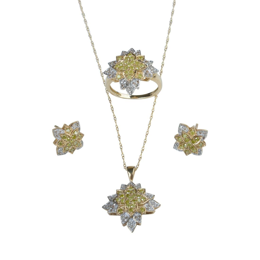 Diamond, 10k Gold Jewelry Suite.: Diamond, 10k Gold Jewelry Suite. Including one yellow diamond, diamond, 10k gold 18 inch pendant necklace; a matching pair of yellow diamond, diamond, 10k yellow gold earrings together with a matching