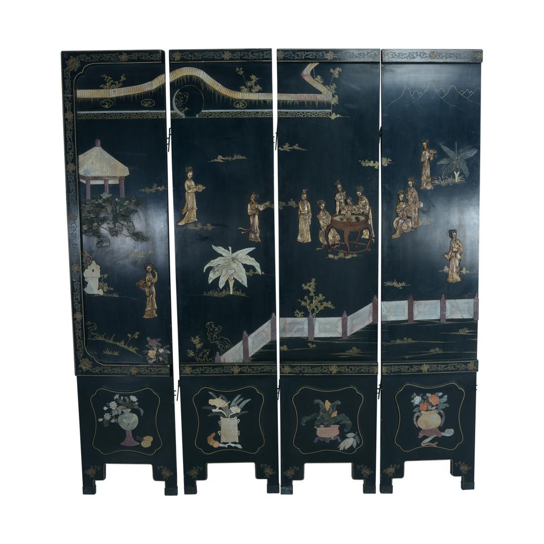 Chinese Coromandel Folding Screen with Hard Stone Inlay: Chinese Coromandel Folding Screen with Hard Stone Inlay. Inlaid with various hardstones and water buffalo bone, depicting maidens at leisure in a gated garden planted with plantain trees, all above fo