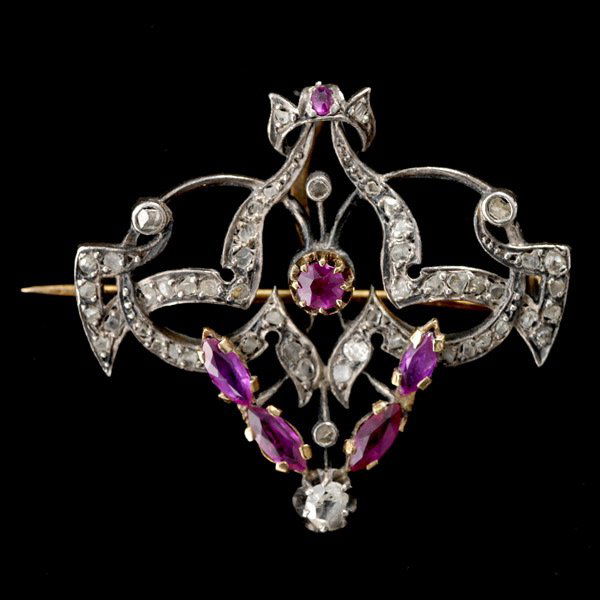 SYN RUBY, DIAMOND, SILVER, GOLD PENDANT BROOCH: SYNTHETIC RUBY, DIAMOND, STERLING SILVER, 18K, 14K YELLOW GOLD PENDANT BROOCH. Featuring four marquise-cut and one round-cut synthetic ruby, accented by numerous rose-cut diamonds prong and bead set i