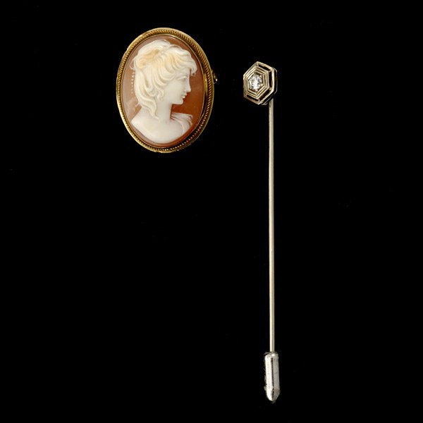 COLLECTION OF DIAMOND, CAMEO, 18K GOLD ITEMS.: COLLECTION OF DIAMOND, SHELL CAMEO, 18K YELLOW AND WHITE GOLD ITEMS. Including one diamond, 18k white gold stick pin; together with a shell cameo, 18k yellow gold brooch in box.