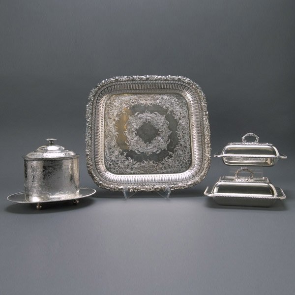 Pair of Gorham Silverplate Covered Entree Dishes: Pair of Gorham Silverplate Covered Entree Dishes #Y1548 and International Silver Co. Square Tray #A1015/14; together with an English biscuit box (4) {Dimensions of tray 15 3/4 x 15 1/4 inches; height 