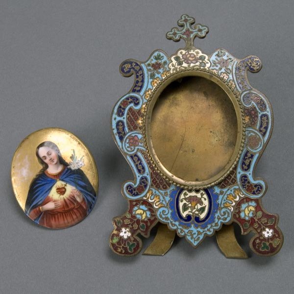 French Champleve Enamel Frame with Plaque: French Gothic Revival Champleve Enamel Frame, mounted with an oval porcelain religious plaque of the Nun Marquerite Marie Alacoque {Height of frame 5 3/4 inches; height of plaque 1 3/8 inches} [Frame