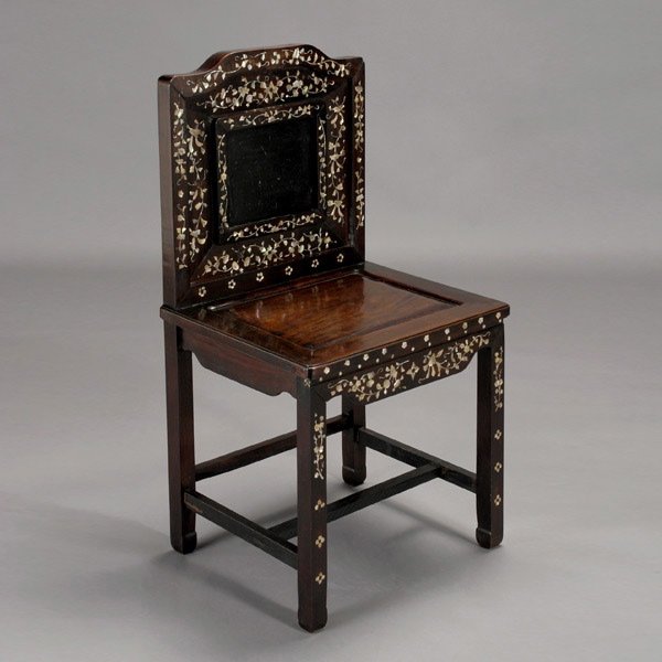 Asian Wood Chair w/ Mother of Pearl Inlay, 20th C: Asian Wood Chair with Mother of Pearl Inlay, 20th Century. Traditional square shapes with recessed seat and decorative border to back, inlaid with floral and gourd pattern throughout. {Dimensions 38 x