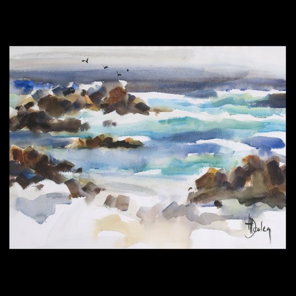 Helen Dooley, California watercolor, Pacific Grove: Helen Dooley (California, 20th century), Pacific Grove Surf, framed watercolor, 21.5 x 27.5 inches, sigend lower right