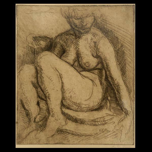Henry Varnum Poor, etching: Henry Varnum Poor. American, 1888 - 1970. Seated Female Nude. Etching. Plate: 6 x 5 Inches. Signed in plate: H. V. Poor. Signed lower right: H. V. Poor.