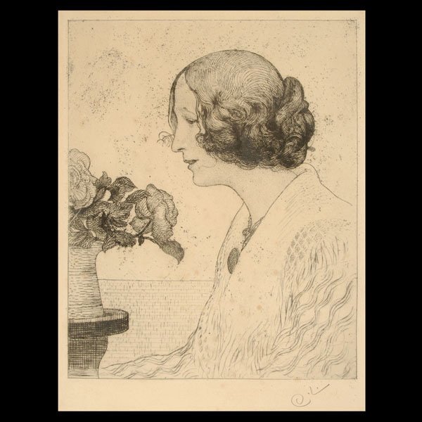 American Art, Etching of a Woman with Flowers: American, Early 20th Century. Signed C.L. Woman in Profile with Flowers. Etching. Sight: 11 3/4 x 9. Image: 10 6/8 x 8 1/4 inches. (Condition: A few light spots of foxing. Framed, not examined out of 