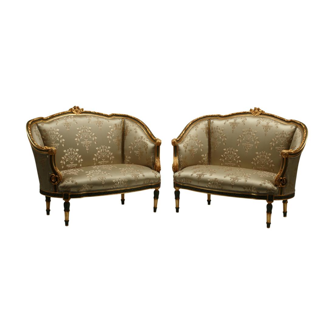 Pair of Louis XV Style Painted Settees.: Pair of Louis XV Style Painted Settees. Green painted parcel gilt frames; pale green upholstery with floral sconce motif. {Approximate dimensions: 38 1/2 high x 50 wide x 28 inches deep.}. Condition: