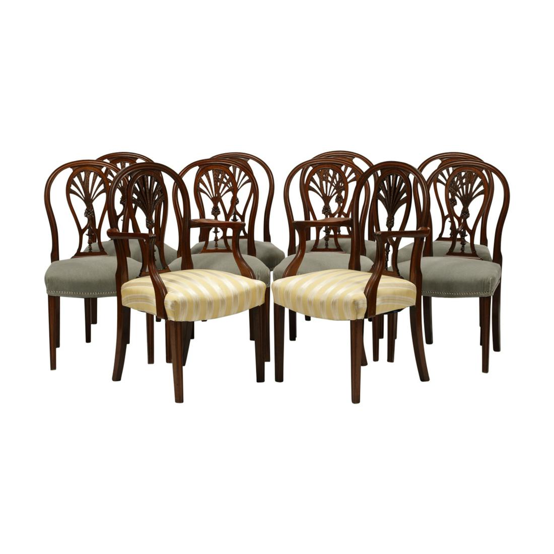 Set of George III Style Mahogany Dining Chairs.: Set of George III Style Mahogany Dining Chairs. Comprising two armchairs and eight side chairs; the arm chairs with yellow and silver stripe silk upholstery, the side chairs with pale blue velvet upho