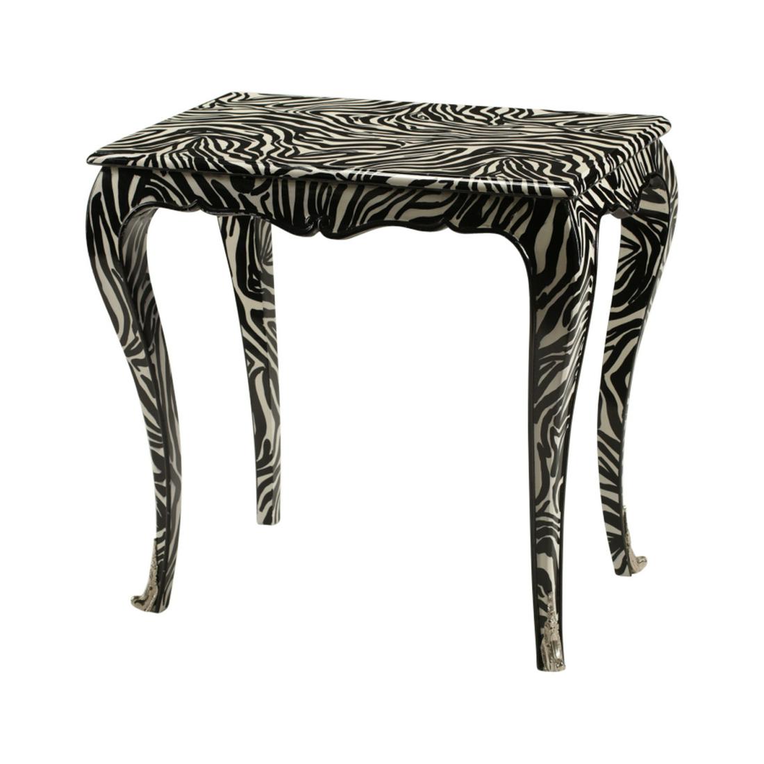 Art Moderne Zebra Motif Sofa Table.: Art Moderne Zebra Motif Sofa Table. With silver metal mounts. {Approximate dimensions: 36 1/4 high x 37 wide x 23 1/2 inches wide.}. Condition: Light surface wear overall.