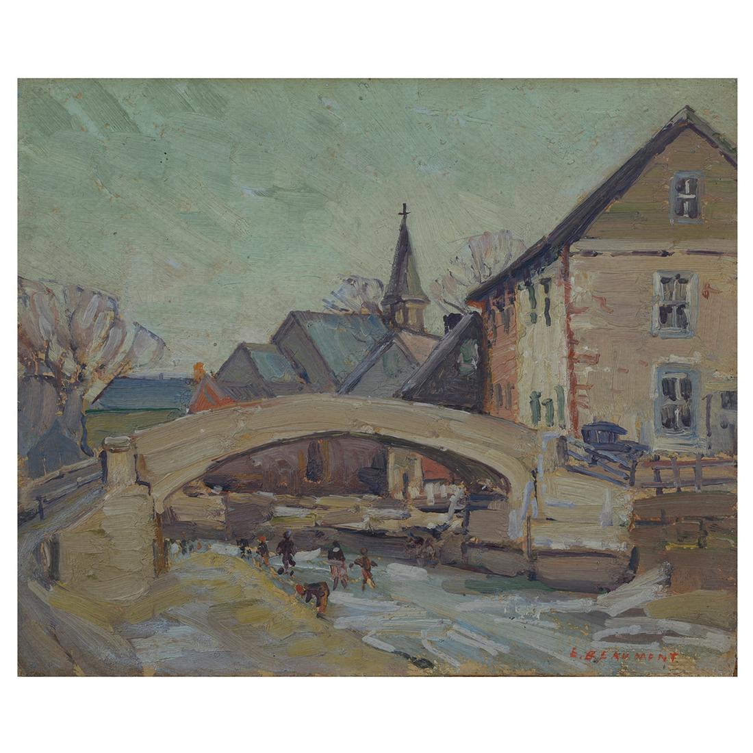 ERNEST BEAUMONT, Oil on Panel of New Hope: ERNEST BEAUMONT (American, 1871–1933) New Hope (Pennsylvania), and Landscape Verso Oil on Panel panel: 10 x 11.5. Framed: 11 x 13 inches. Signed Lower Right.