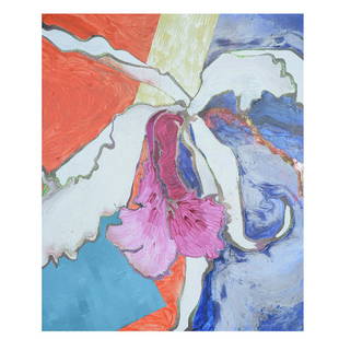 Robert Kushner, ''Large Cattleya,'' 1990, mixed media: ROBERT KUSHNER (American, b. 1949) "Large Cattleya," 1990, mixed media on canvas, signed, titled and dated lower left, canvas: 64.5 x 78.5 inches, framed: 69 x 83.25 inches, signed, titled and dated l