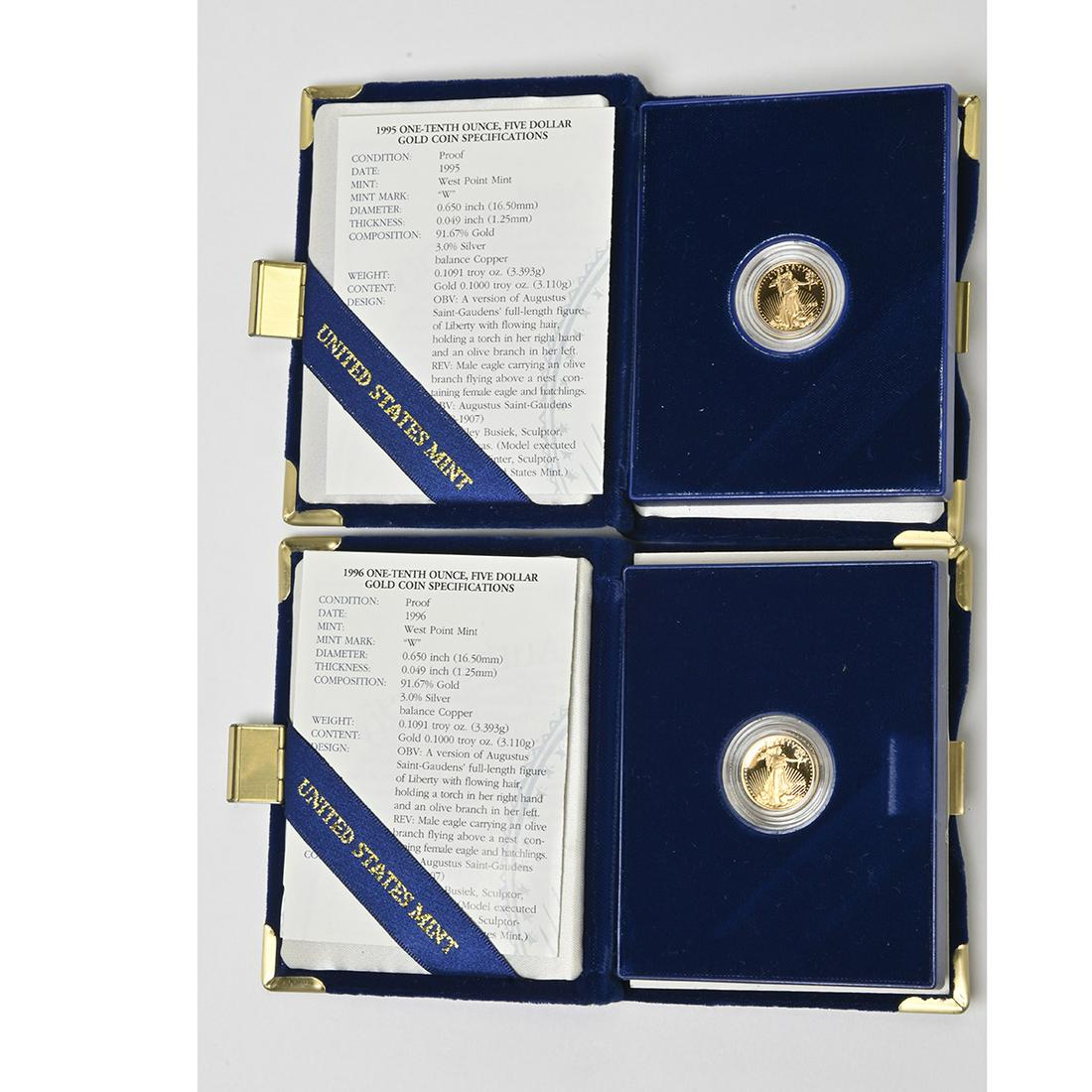 1995 and 1996 1/10 Ounce Proof $5.00 Gold Bullion Coins (1 of 6)