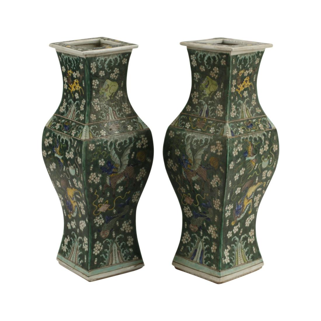 Pair of Chinese Famille Verte Porcelain Square Vases. (1 of 4)