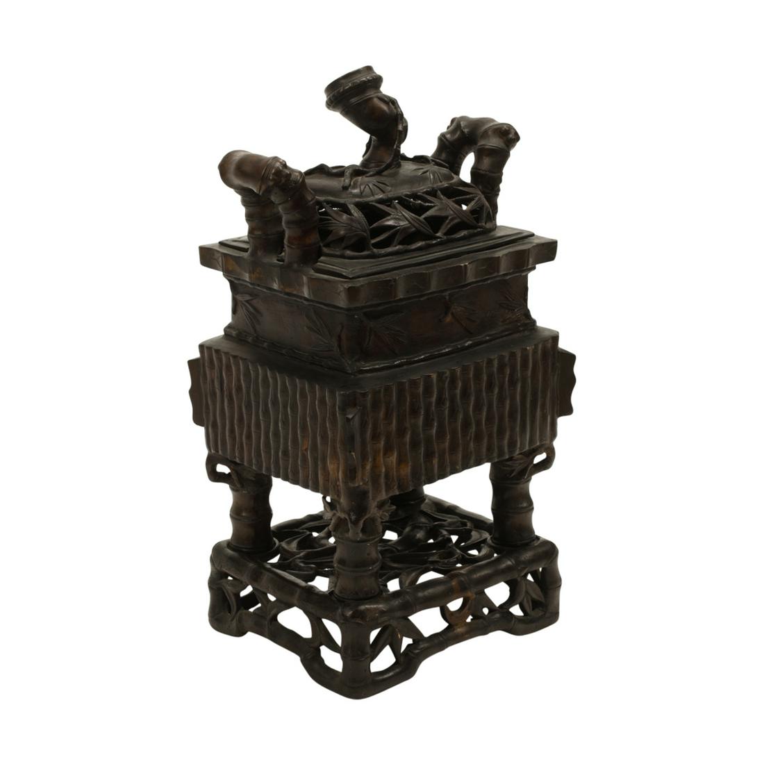 Large Chinese Rectangular Bronze Censer on Stand with (1 of 3)