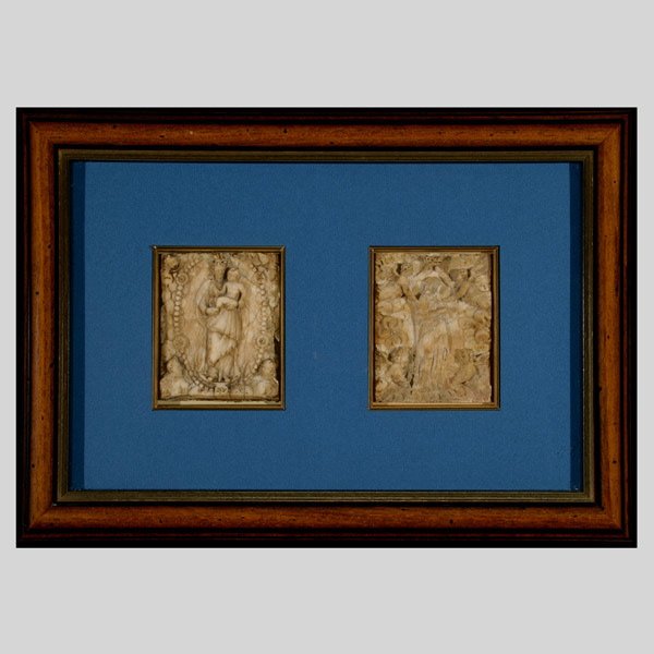 Continental Alabaster Diptych: Virgin Coronation: Continental Carved Alabaster Diptych of The Coronation of Virgin Mary Each panel of rectangular form, the first centering the figures of Madonna and Child enclosed by a beaded oval medallion with rose