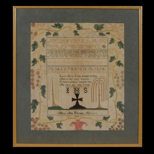 Silk Needlework Sampler, 1839: Silk Needlework Sampler The top register with the Alphabet repeating three times in cursive script, in capital letters and in the lower case; and lower register with a verse ""Grant, Lord, I may delig