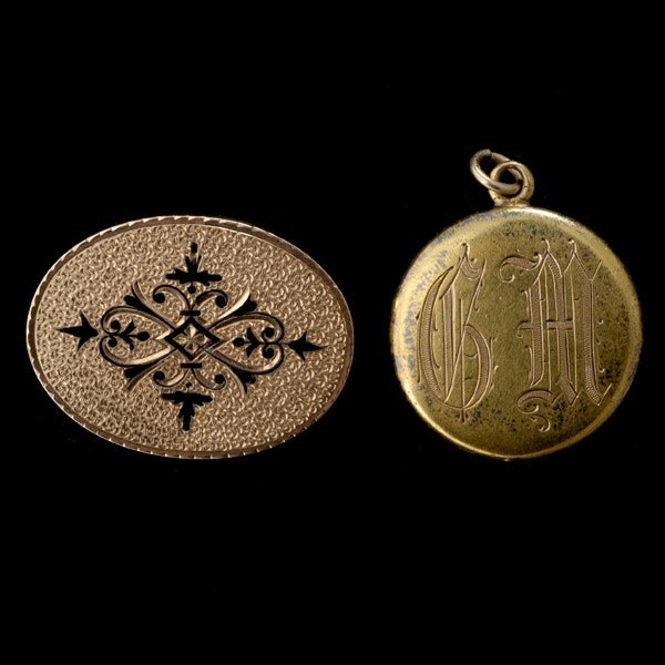 COLLECTION OF ENAMEL, 14K, 9K GOLD, METAL ITEMS.: COLLECTION OF ENAMEL, 14K, 9K GOLD, METAL ITEMS. Including one 14k yellow gold locket pendant; together with an enamel, 9k rose gold, metal brooch. 5.5 dwts.