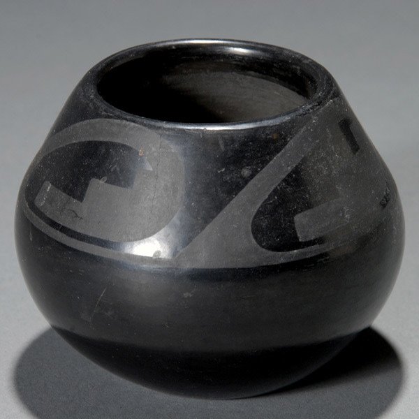 Blackware Jar: Maria Martinez (1881-1980), San Idelfonso Pueblo, NM. Blackware jar, circa 1955, signed Marie & Santana. 3 x 3 1/2 inches.