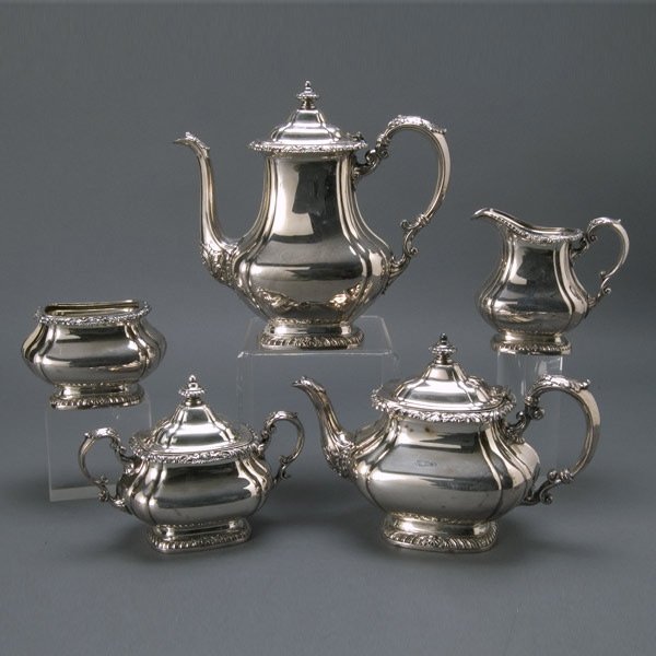 Gorham Five Piece Silver Plate Tea Service: Gorham Five Piece Silver Plate Tea Service with Associated Tray {Height of coffee pot 9 3/4 inches} [Tray not photographed]