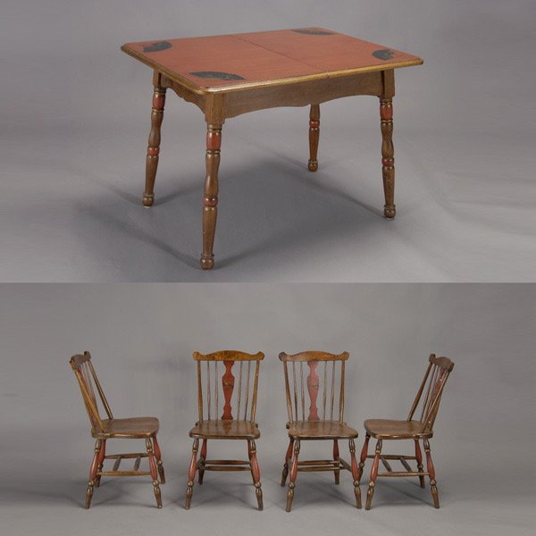 Japanned Chestnut Dining Table w/ 4 Dining Chairs: Japanned Chestnut Dining Table en Suite with Four Dining Chairs {Dimensions of table 30 x 42 x 30 inches; chair 34 x 16 x 15 1/2 inches}